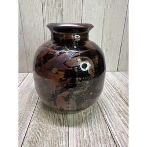 Vtg  4.5 inch Vase Stoneware Pottery Ceramic Dark Brown Galaxy Glaze MCM